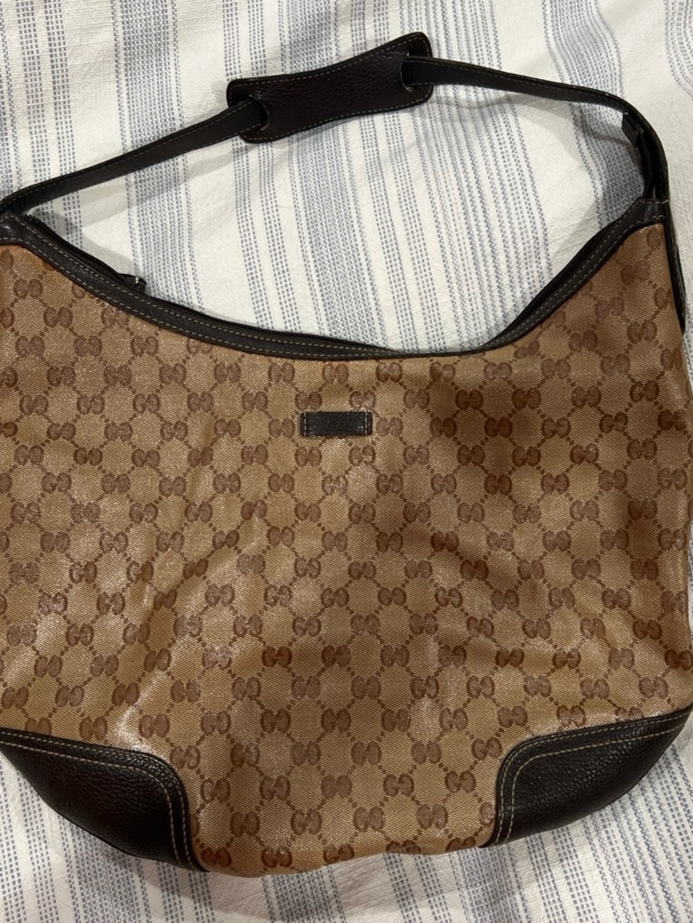 Gucci Brown and Beige Monogram Shoulder Hobo Bag